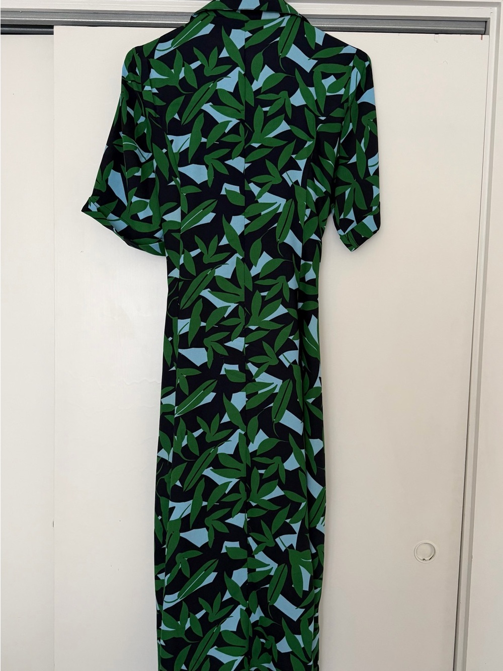 Walter Baker Navy Midi Dress with Green & Light Blue Leaf Print